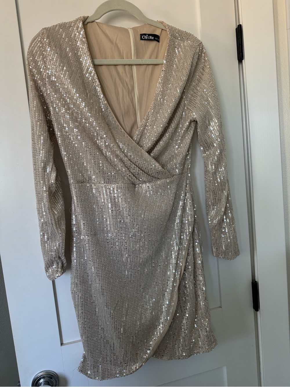 Chic Me Champagne Sequin Long Sleeve Wrap Dress